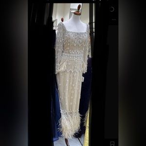 Beige gold sparkly feather rhinestone prom dress